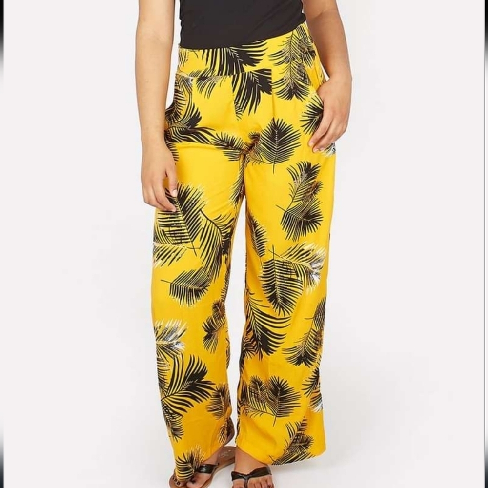 WEST LOOP Casual Palazzo Pants Yellow Black Leaves Stretchy Waist Size XL